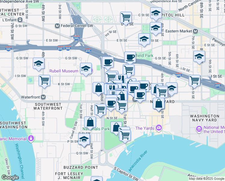 map of restaurants, bars, coffee shops, grocery stores, and more near 101 Independence Avenue Southeast in Washington