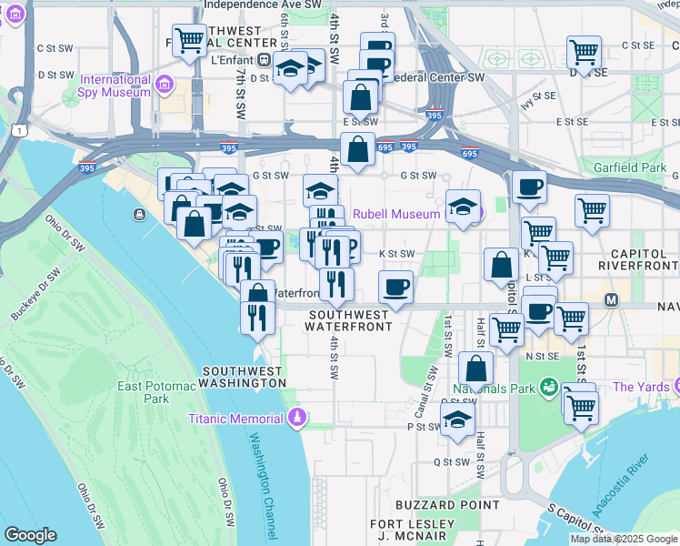 map of restaurants, bars, coffee shops, grocery stores, and more near 101 Independence Avenue Southeast in Washington