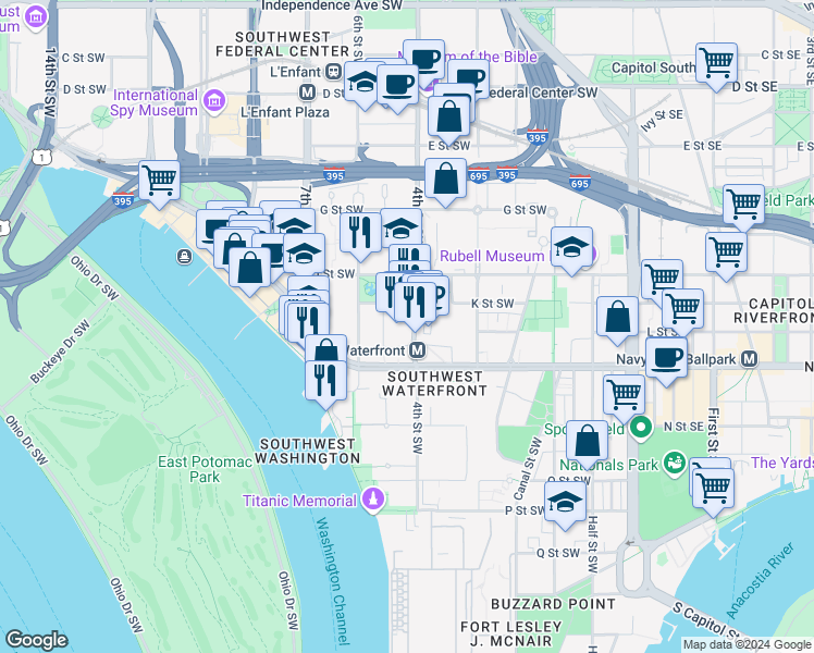 map of restaurants, bars, coffee shops, grocery stores, and more near 101 Independence Avenue Southeast in Washington