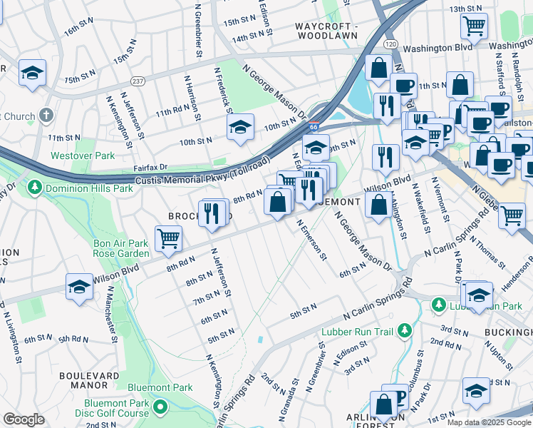 map of restaurants, bars, coffee shops, grocery stores, and more near 5237 Wilson Boulevard in Arlington