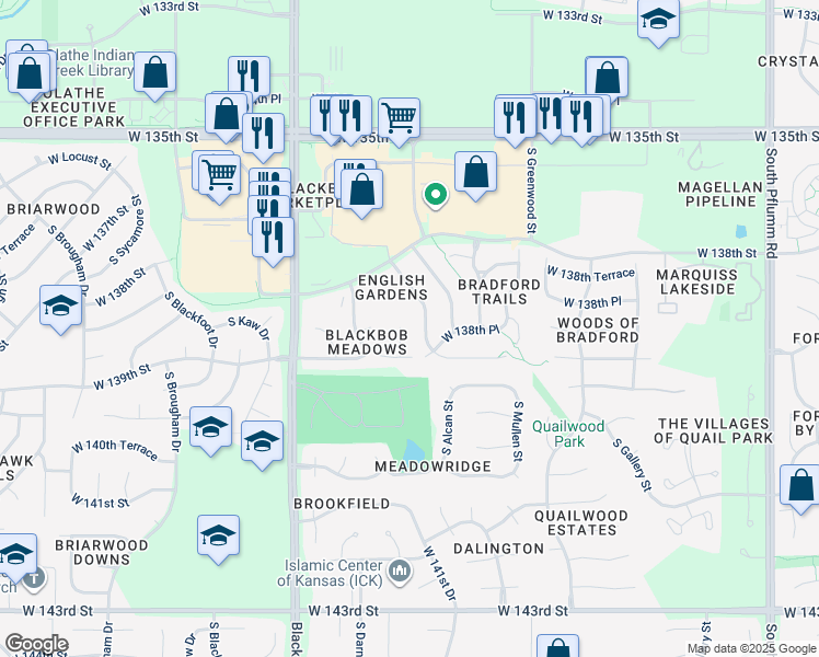 map of restaurants, bars, coffee shops, grocery stores, and more near 13863 South Alden Court in Olathe