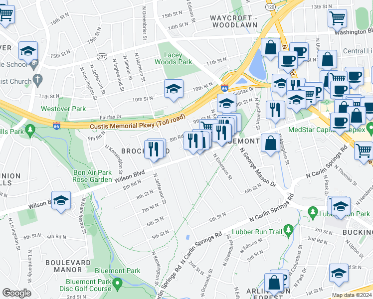 map of restaurants, bars, coffee shops, grocery stores, and more near 845 North Greenbrier Street in Arlington