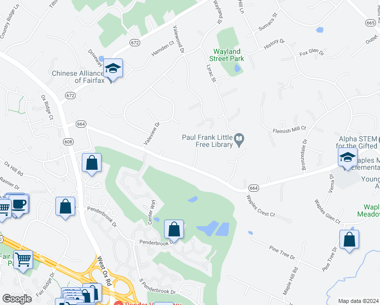 map of restaurants, bars, coffee shops, grocery stores, and more near 3604 Twilight Court in Oakton