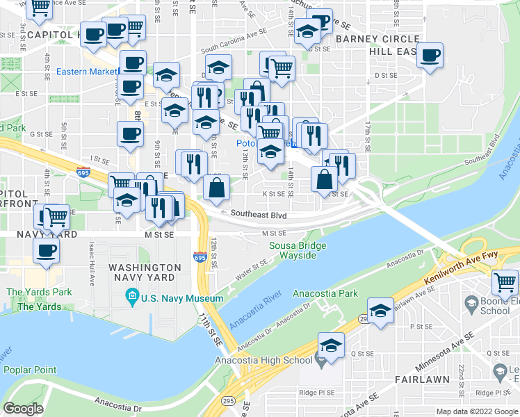 map of restaurants, bars, coffee shops, grocery stores, and more near 1318 L Street Southeast in Washington