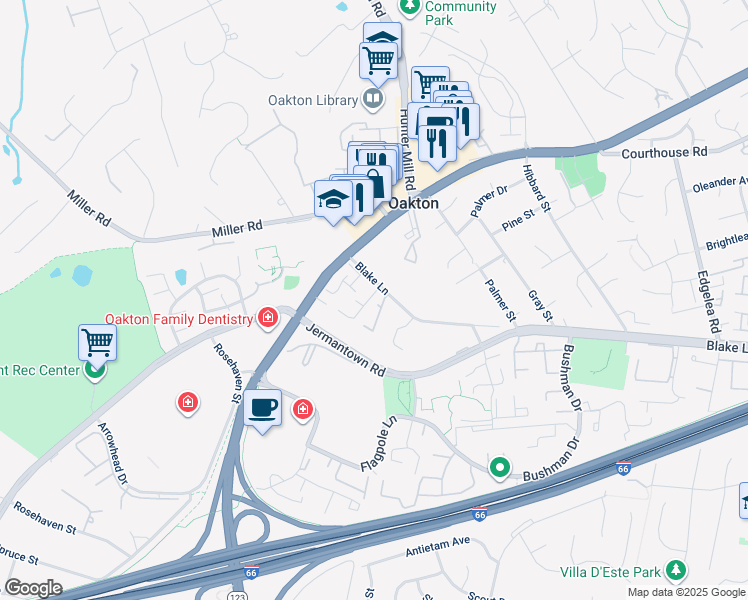 map of restaurants, bars, coffee shops, grocery stores, and more near 2952 Oakleigh Lane in Oakton
