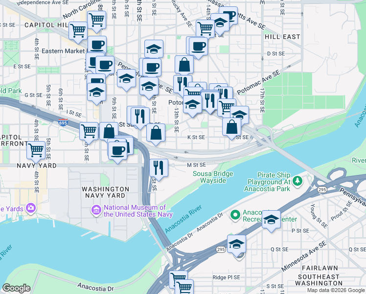 map of restaurants, bars, coffee shops, grocery stores, and more near 101 Independence Avenue Southeast in Washington