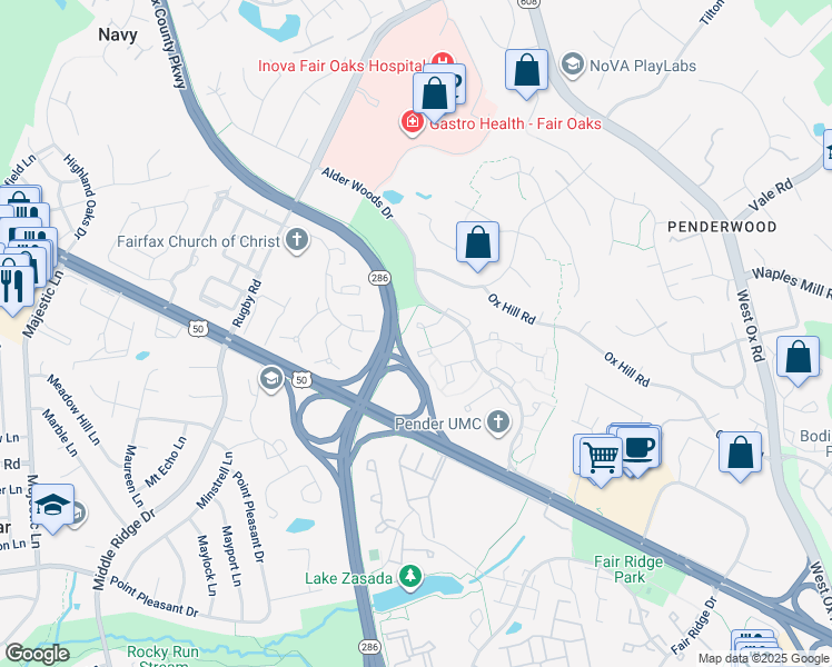 map of restaurants, bars, coffee shops, grocery stores, and more near 3875 Alder Woods Court in Fairfax
