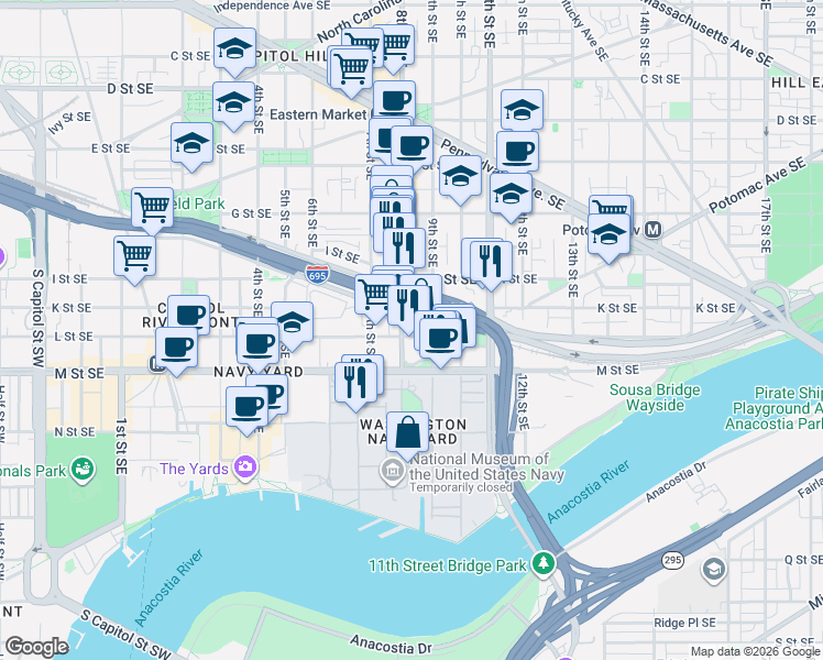 map of restaurants, bars, coffee shops, grocery stores, and more near 101 Independence Avenue Southeast in Washington