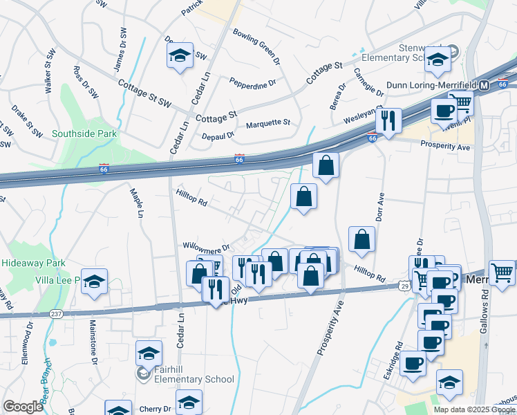 map of restaurants, bars, coffee shops, grocery stores, and more near 2810 Andiron Lane in Vienna