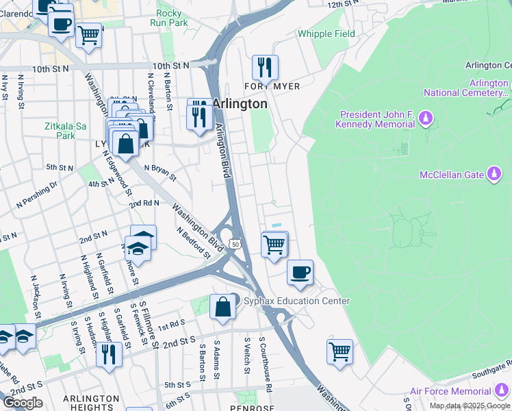 map of restaurants, bars, coffee shops, grocery stores, and more near 282 Sheridan Avenue in Arlington