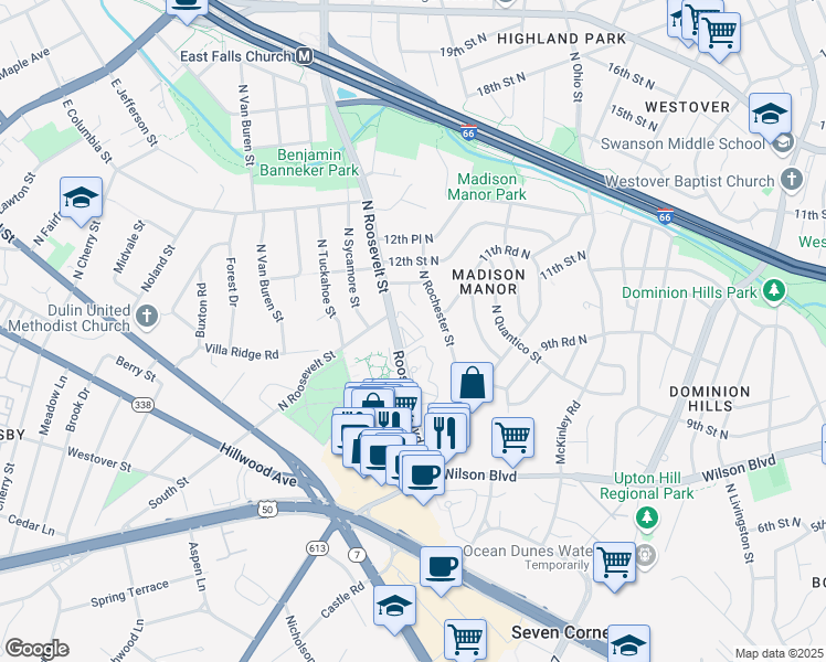 map of restaurants, bars, coffee shops, grocery stores, and more near 600 Roosevelt Boulevard in Falls Church