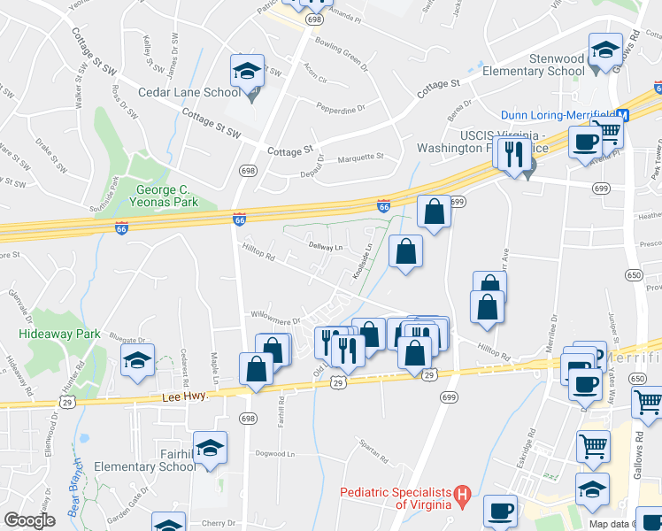map of restaurants, bars, coffee shops, grocery stores, and more near 2811 Grovemore Lane in Vienna