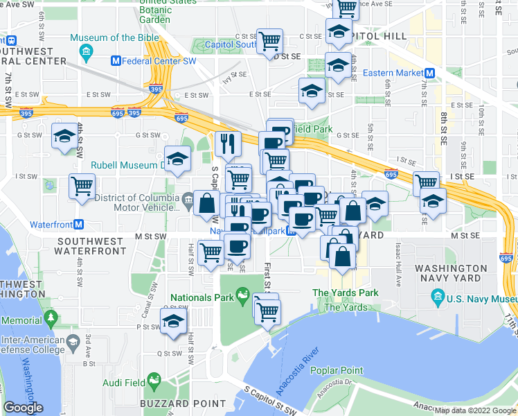 map of restaurants, bars, coffee shops, grocery stores, and more near 1025 1st Street Southeast in Washington