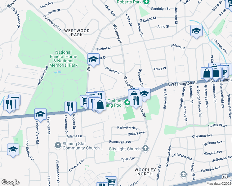 map of restaurants, bars, coffee shops, grocery stores, and more near 7328 Lee Highway in Falls Church