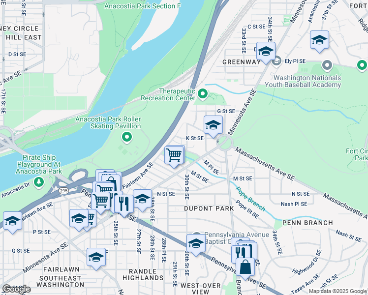 map of restaurants, bars, coffee shops, grocery stores, and more near 2938 M Place Southeast in Washington