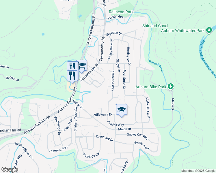 map of restaurants, bars, coffee shops, grocery stores, and more near 275 Ginger Drive in Auburn