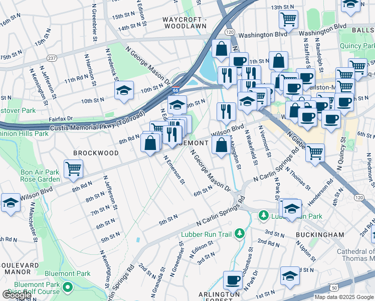 map of restaurants, bars, coffee shops, grocery stores, and more near 754 North George Mason Drive in Arlington