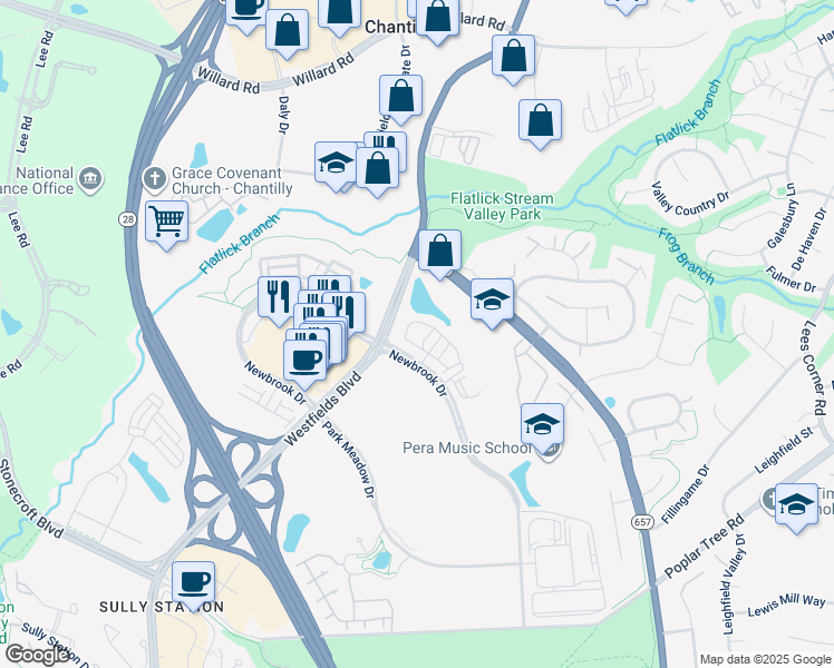 map of restaurants, bars, coffee shops, grocery stores, and more near 14130 Gypsum Loop in Chantilly
