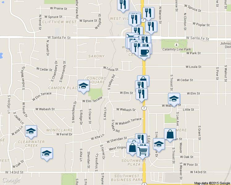 map of restaurants, bars, coffee shops, grocery stores, and more near 1500 West Elm Street in Olathe