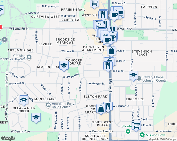 map of restaurants, bars, coffee shops, grocery stores, and more near 1500 West Elm Street in Olathe