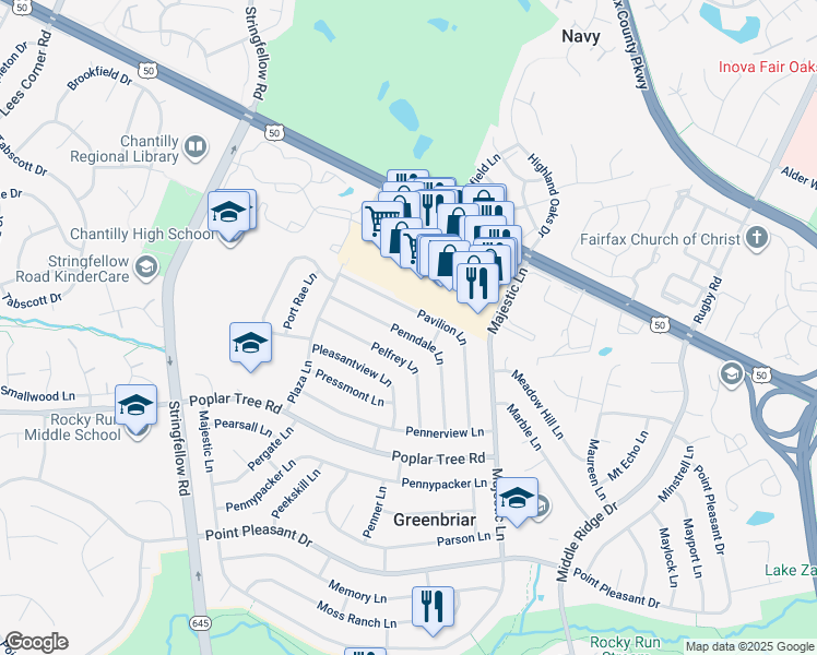 map of restaurants, bars, coffee shops, grocery stores, and more near 13130 Penndale Lane in Fairfax