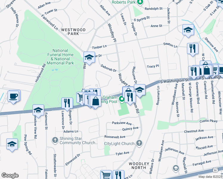 map of restaurants, bars, coffee shops, grocery stores, and more near 7372 Lee Highway in Falls Church