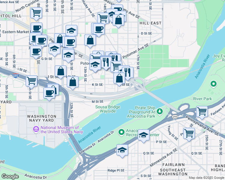 map of restaurants, bars, coffee shops, grocery stores, and more near 101 Independence Avenue Southeast in Washington