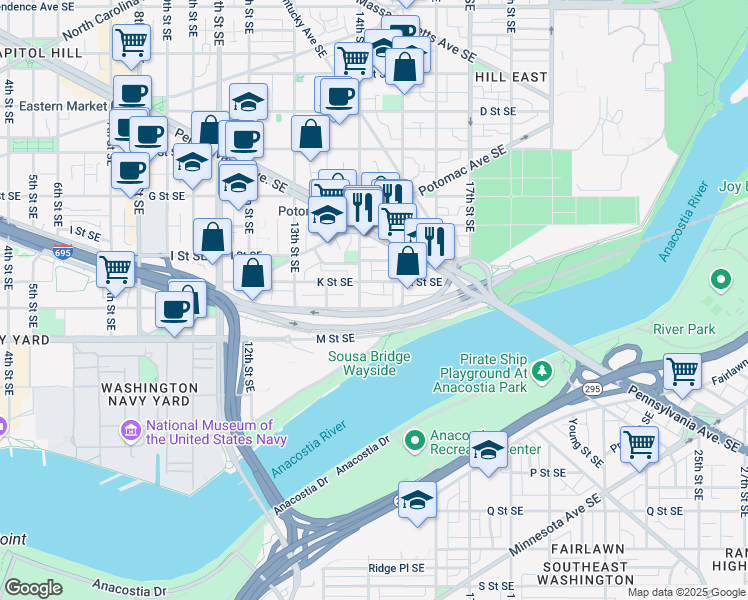 map of restaurants, bars, coffee shops, grocery stores, and more near 101 Independence Avenue Southeast in Washington