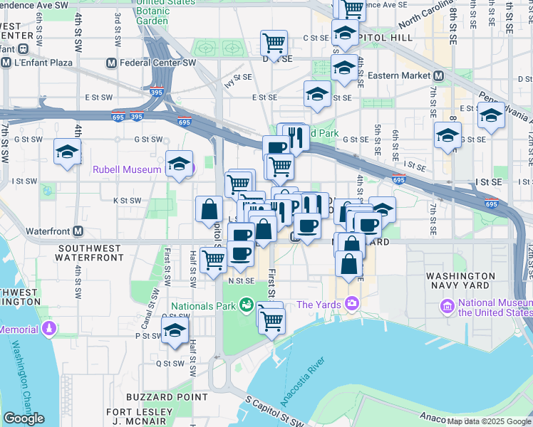map of restaurants, bars, coffee shops, grocery stores, and more near 101 Independence Avenue Southeast in Washington