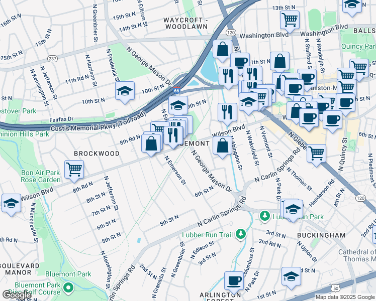 map of restaurants, bars, coffee shops, grocery stores, and more near 754 North George Mason Drive in Arlington