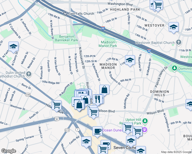 map of restaurants, bars, coffee shops, grocery stores, and more near 1004 North Rochester Street in Arlington