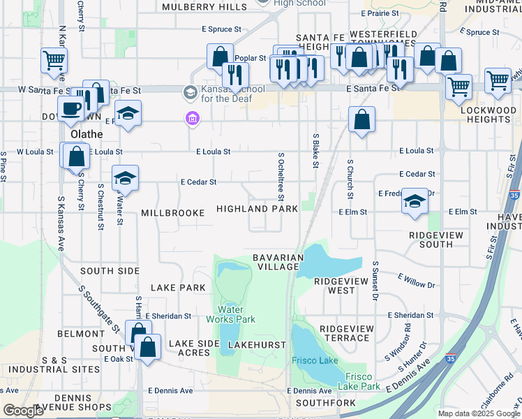 map of restaurants, bars, coffee shops, grocery stores, and more near 500 East Glendale Street in Olathe