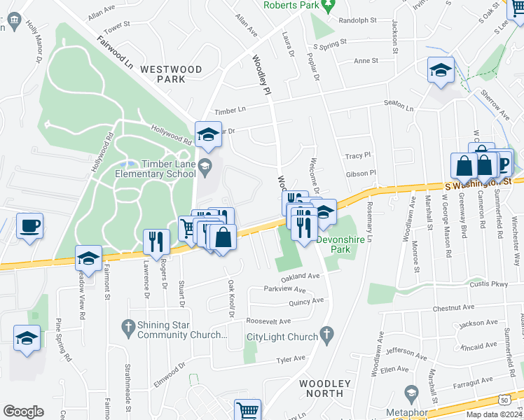map of restaurants, bars, coffee shops, grocery stores, and more near 7328 Lee Highway in Falls Church