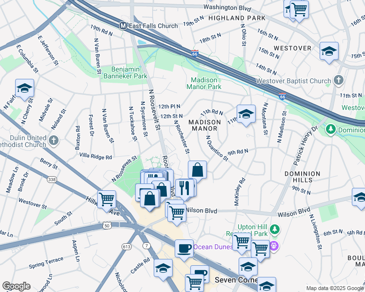 map of restaurants, bars, coffee shops, grocery stores, and more near 1004 North Rochester Street in Arlington
