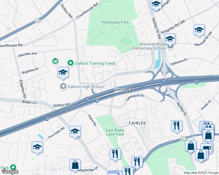 map of restaurants, bars, coffee shops, grocery stores, and more near 2830 Roesh Way in Vienna