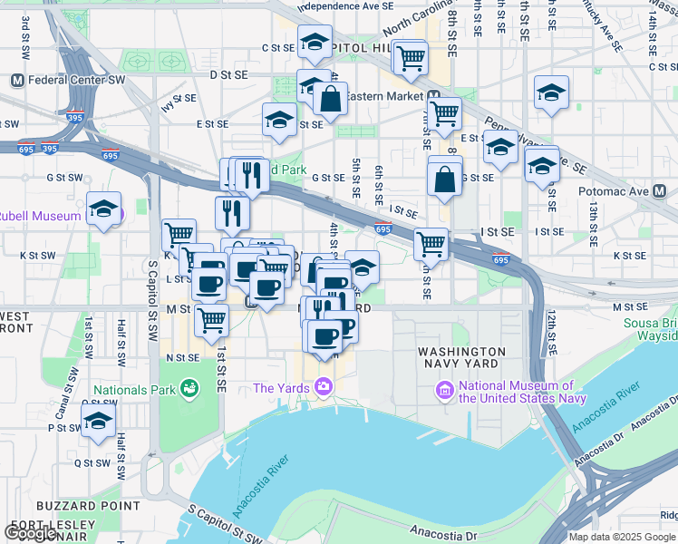 map of restaurants, bars, coffee shops, grocery stores, and more near 920 4th Street Southeast in Washington