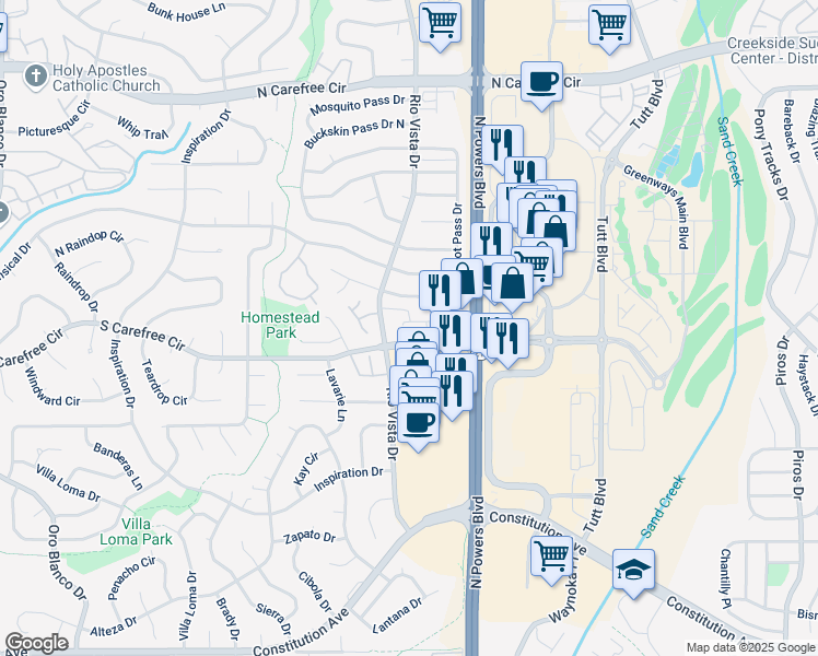 map of restaurants, bars, coffee shops, grocery stores, and more near 5710 South Carefree Circle in Colorado Springs