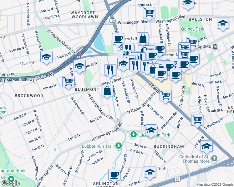 map of restaurants, bars, coffee shops, grocery stores, and more near 715 North Abingdon Street in Arlington