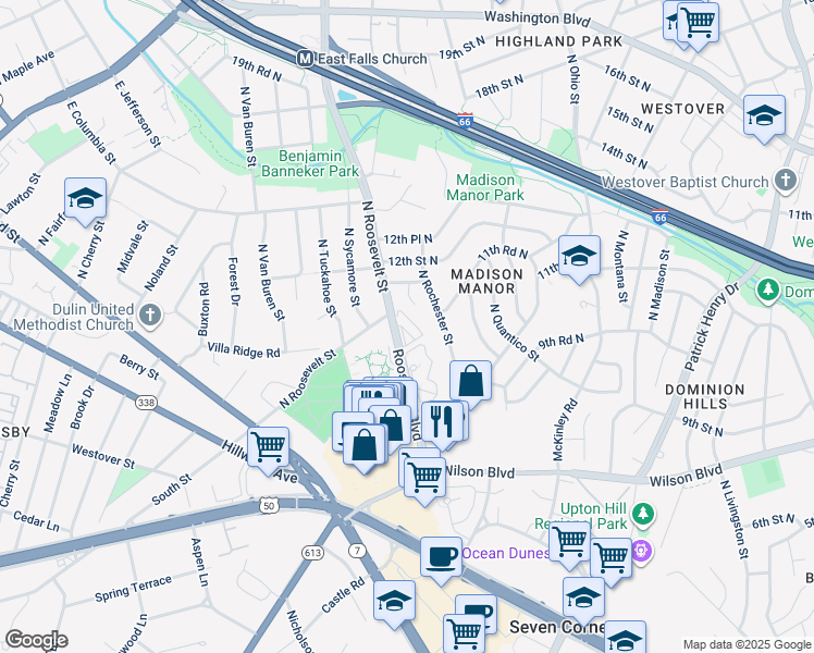 map of restaurants, bars, coffee shops, grocery stores, and more near 600 Roosevelt Boulevard in Falls Church