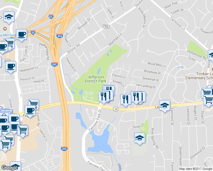 map of restaurants, bars, coffee shops, grocery stores, and more near 2780 Hyson Lane in Falls Church