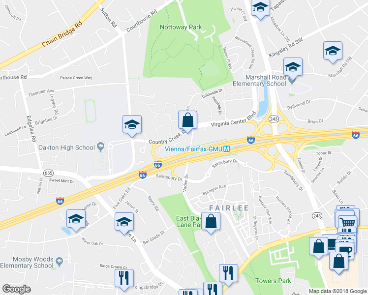 map of restaurants, bars, coffee shops, grocery stores, and more near 2830 Roesh Way in Vienna
