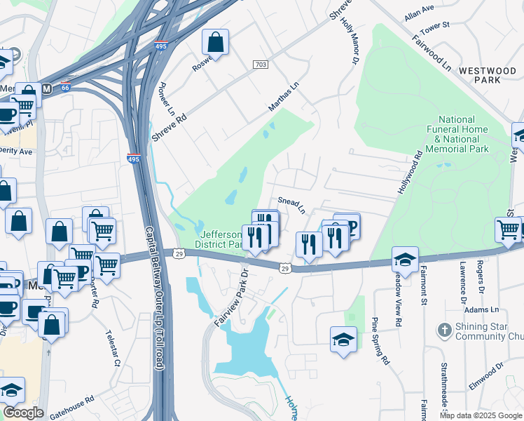 map of restaurants, bars, coffee shops, grocery stores, and more near 2780 Hyson Lane in Falls Church