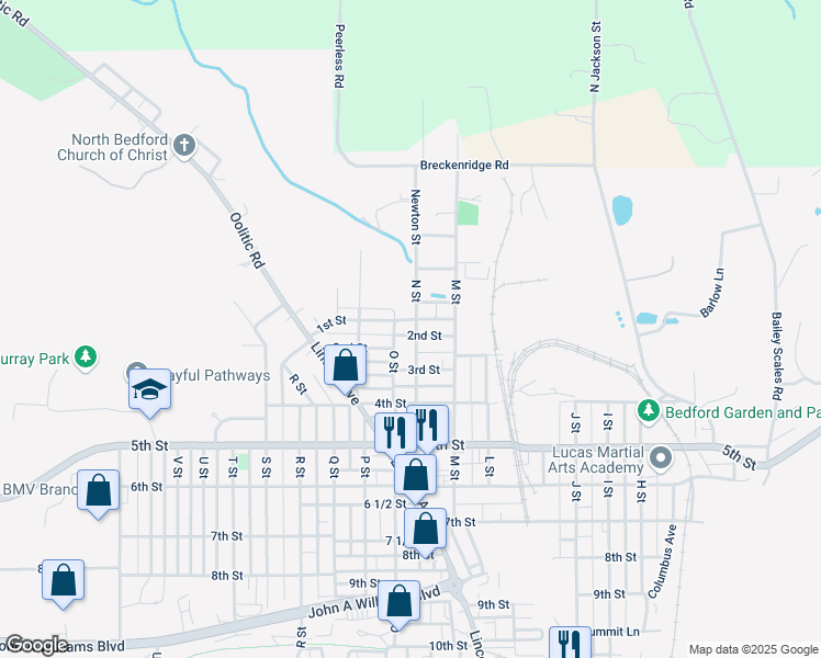map of restaurants, bars, coffee shops, grocery stores, and more near 1312 1st St in Bedford