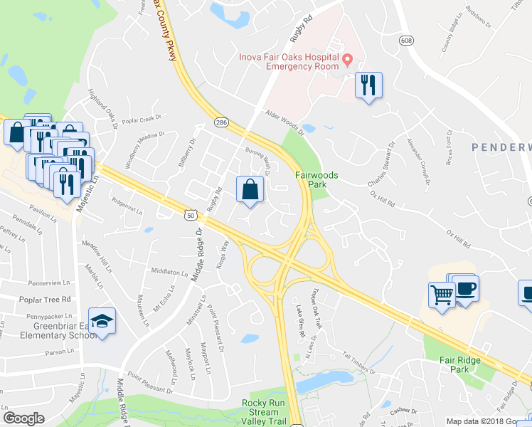 map of restaurants, bars, coffee shops, grocery stores, and more near 3938 Rosebay Court in Fairfax