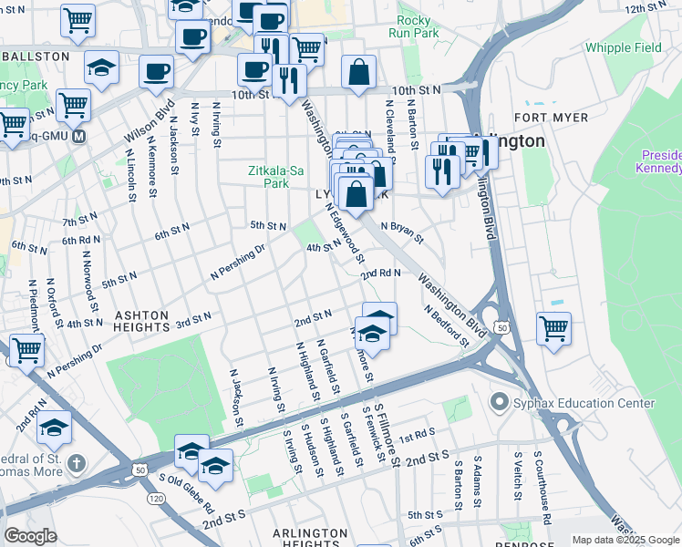 map of restaurants, bars, coffee shops, grocery stores, and more near 231 North Fillmore Street in Arlington