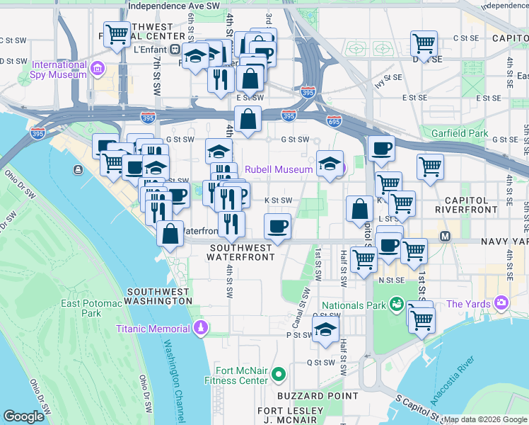 map of restaurants, bars, coffee shops, grocery stores, and more near 101 Independence Avenue Southeast in Washington