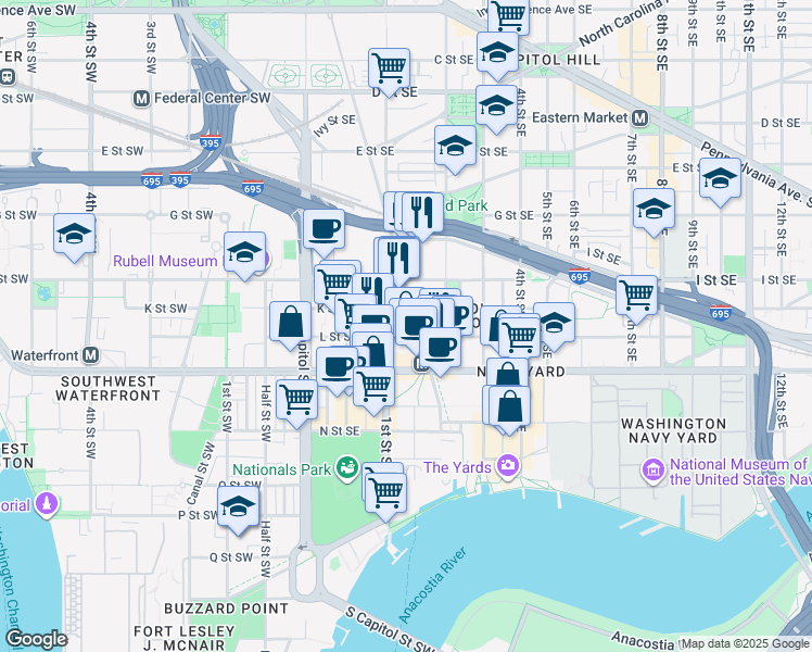 map of restaurants, bars, coffee shops, grocery stores, and more near 1017 New Jersey Avenue Southeast in Washington