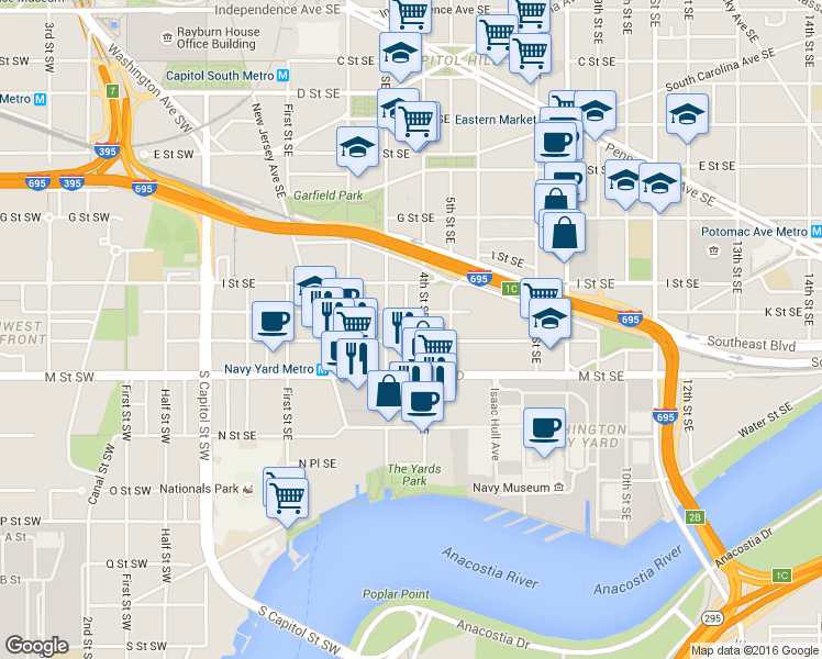 map of restaurants, bars, coffee shops, grocery stores, and more near 101 Independence Avenue Southeast in Washington