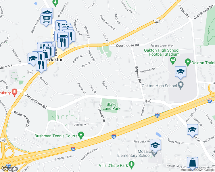 map of restaurants, bars, coffee shops, grocery stores, and more near 10111 Tate Court in Oakton