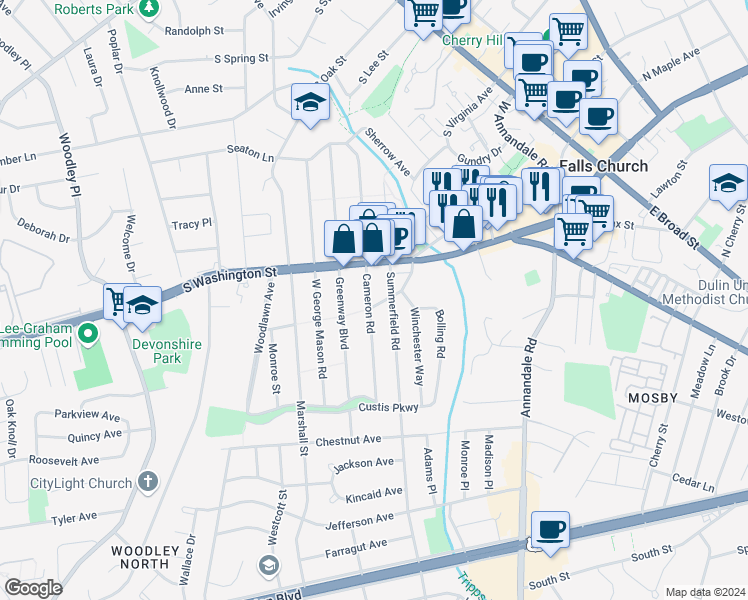 map of restaurants, bars, coffee shops, grocery stores, and more near 2765 Cameron Road in Falls Church
